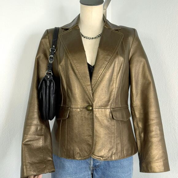 Bronze Metallic Leather Blazer Jacket One Button Size Medium - Picture 1 of 12